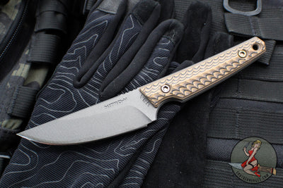RMJ Unmei Fixed Blade Knife- Tungsten Finished- Hyena Brown G-10 Handle