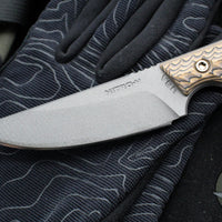 RMJ Unmei Fixed Blade Knife- Tungsten Finished- Hyena Brown G-10 Handle