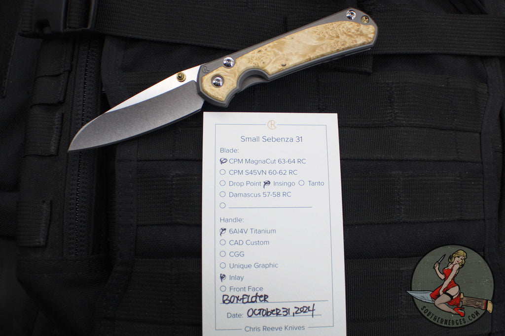 Chris Reeve Small Sebenza 31- Insingo Edge- Glass Blasted Titanium- Box Elder Wood Inlay S31-1126 in CPM MAGNACUT