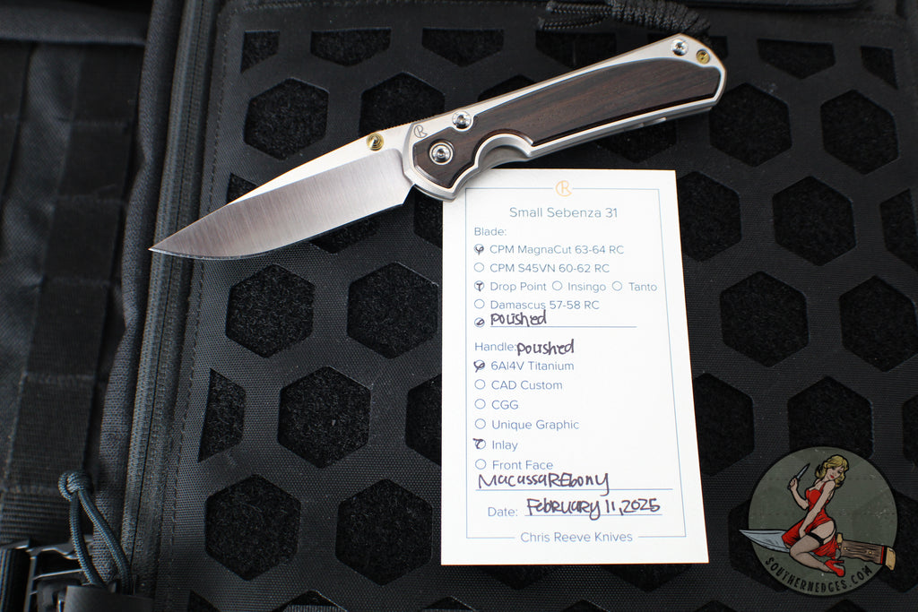 Chris Reeve Small Sebenza 31- Macassar Ebony Inlay- POLISHED Drop Point Blade S31-1636 In Magnacut V4