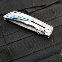 Spartan Blades- Harsey 3.25" Folder- Stonewashed Titanium- Chad Nichols Damascus Blade- Blue HW SF10DMBL v2