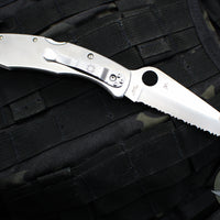 Spyderco Police Folding Knife- Stainless Steel Handle- Spear Point Satin Serrated Blade C07S