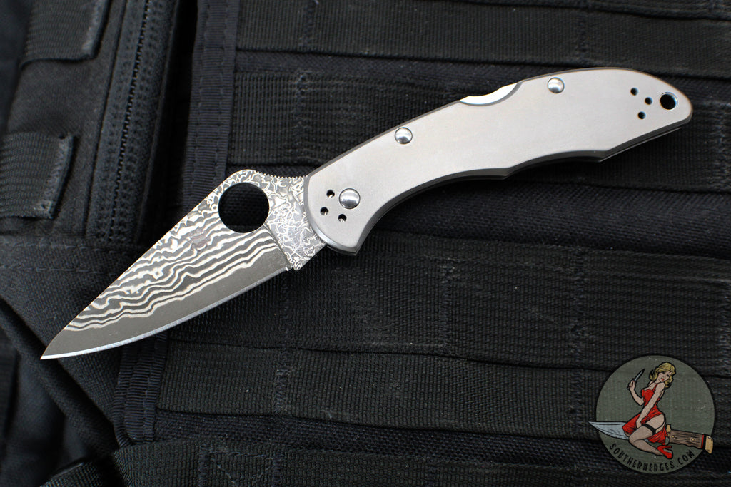 Spyderco Delica- Titanium Handle- Damascus Flat Ground Blade Lockback C11TIPD v1