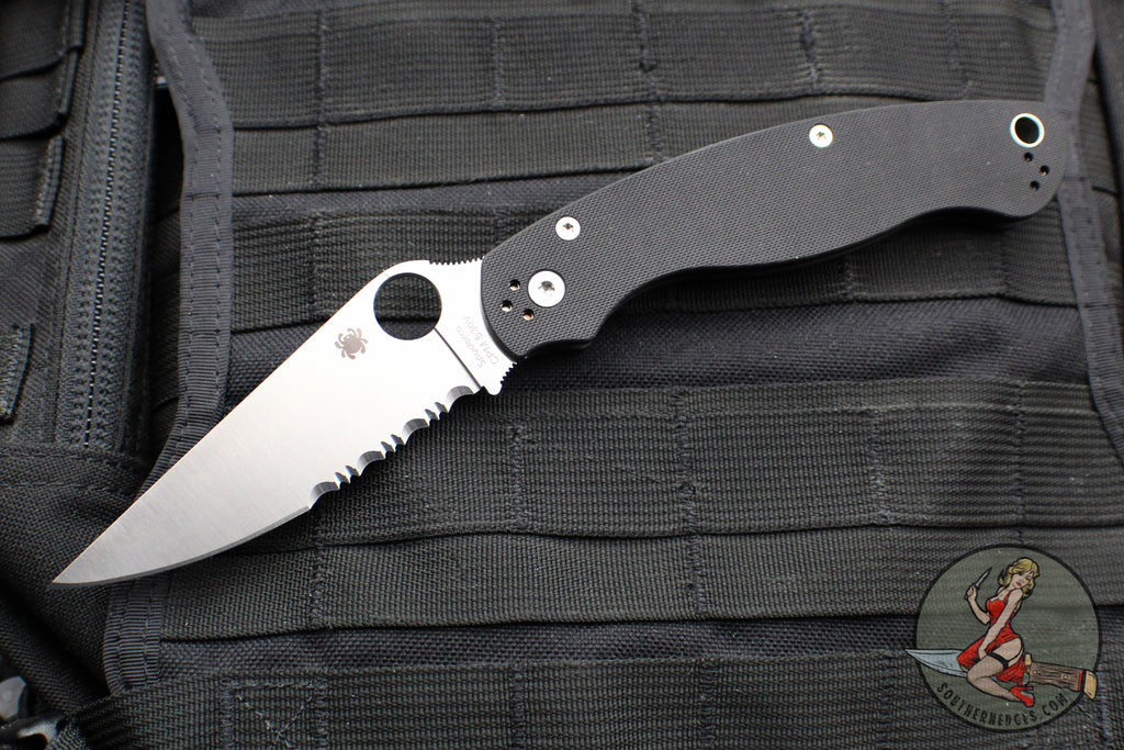 Spyderco Military Folding Knife- Compression Lock- Modified Clip Point- Black G-10- Satin Serrated Blade C36GPS2