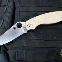 Spyderco Military Folding Knife- Modified Clip Point- Brown Micarta Handle- Satin CRU-WEAR Steel Blade C36MPCW2