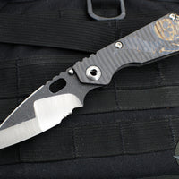 Mick Strider Custom SnG Folder- Drop Point- Nightmare Grind- SERRATED- Blackened Flats- Flamed Titanium Double Winged-Skull Graphics