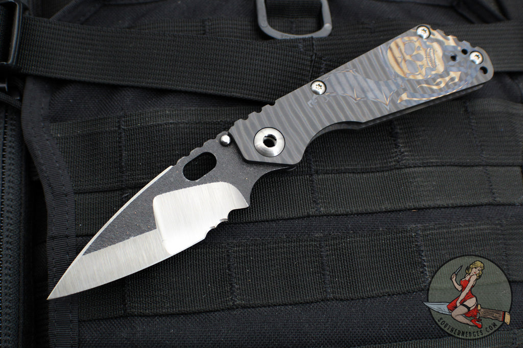 Mick Strider Custom SnG Folder- Drop Point- Nightmare Grind- SERRATED- Blackened Flats- Flamed Titanium Double Winged-Skull Graphics