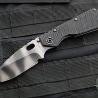 Strider SMF Folder- Drop Point- Black Textured G-10 And Flamed Titanium- Tiger Stripe Finished Blade
