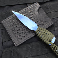 Strider Blue Anodized Titanium Nail -  Push Dagger Configuration- Green Cord- Black Strider Leather Sheath