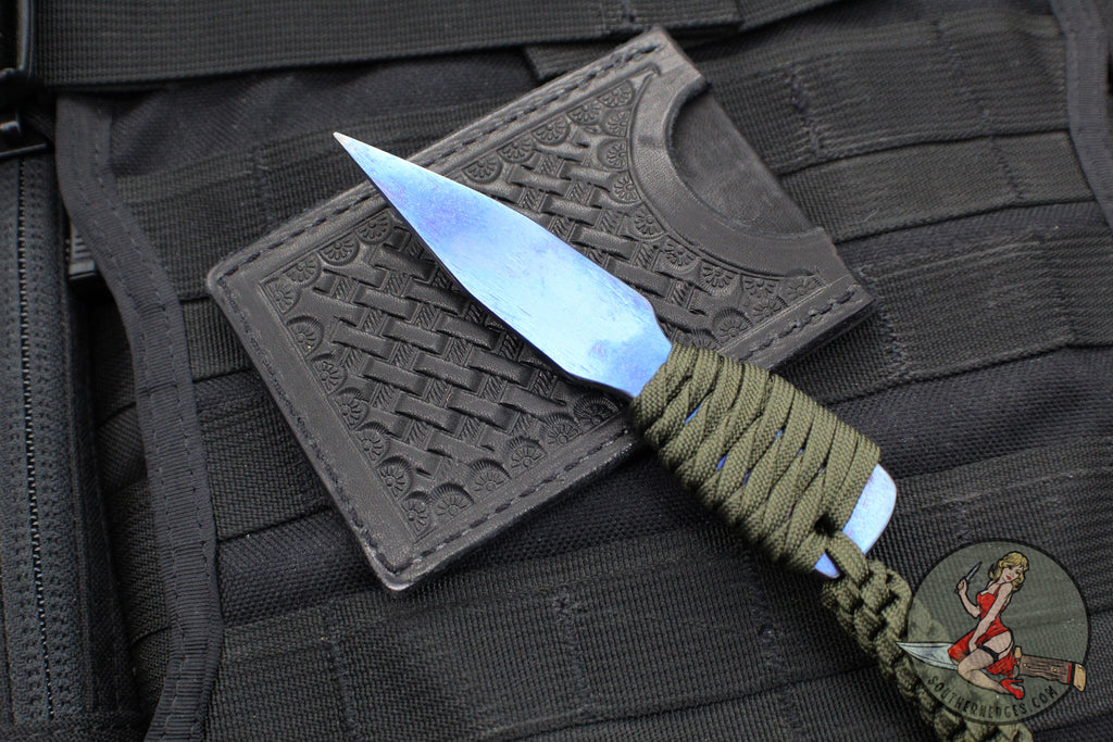 Strider Blue Anodized Titanium Nail -  Push Dagger Configuration- Green Cord- Black Strider Leather Sheath