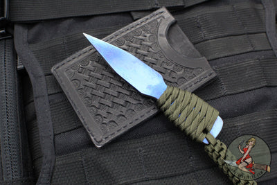 Strider Blue Anodized Titanium Nail -  Push Dagger Configuration- Green Cord- Black Strider Leather Sheath