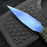 Strider Blue Anodized Titanium Nail -  Push Dagger Configuration- Green Cord- Black Strider Leather Sheath