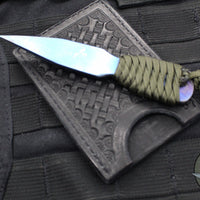 Strider Blue Anodized Titanium Nail -  Push Dagger Configuration- Green Cord- Black Strider Leather Sheath