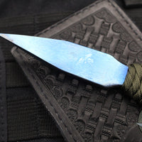 Strider Blue Anodized Titanium Nail -  Push Dagger Configuration- Green Cord- Black Strider Leather Sheath