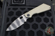 Strider SMF Folder- Drop Point- Tan Aluminum Gunner Grip - Flamed Lock Side- Tiger Stripe Finished Blade