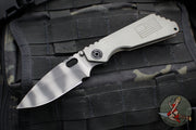 Strider Knives SnG Folder- Drop Point- Gray Finished Aluminum Flag Handle- Flamed Titanium Lock Side- Tiger Strip Finished CTS-XHP Steel Blade
