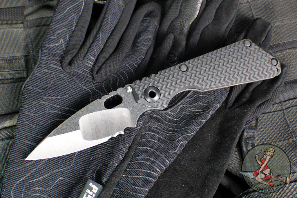 Mick Strider Custom SnG Folder- Nightmare Grind- SERRATED And Scalloped- Blackened Flats- Black Tire Tread G-10 And Flamed Titanium Handle