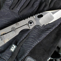 Mick Strider Custom SnG Folder- Nightmare Grind- SERRATED And Scalloped- Blackened Flats- Black Tire Tread G-10 And Flamed Titanium Handle