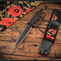 RMJ Trench Raider- Knuckle Duster Trench Knife! Graphite Black Finished- Black G-10- Black/Poppies Sheath