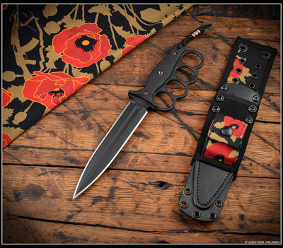 RMJ Trench Raider- Knuckle Duster Trench Knife! Graphite Black Finished- Black G-10- Black/Poppies Sheath