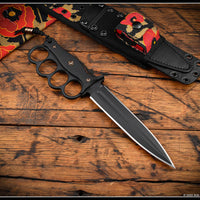 RMJ Trench Raider- Knuckle Duster Trench Knife! Graphite Black Finished- Black G-10- Black/Poppies Sheath