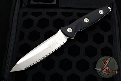 Microtech Socom Alpha Fixed Blade Knife- Tanto Edge- Black Handle With Stonewash Full Serrated Blade 114-12