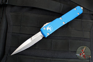 Microtech Ultratech OTF Knife- Bayonet Edge- Blue Handle- Stonewash Blade 120-10 BL