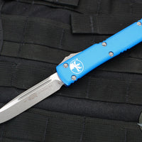 Microtech Ultratech OTF Knife- Single Edge- Blue Handle- Apocalyptic Blade 121-10 APBL