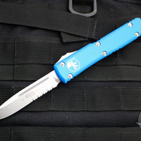 Microtech Ultratech OTF Knife- Single Edge- Blue Handle- Stonewash Part Serrated Blade 121-11 BL