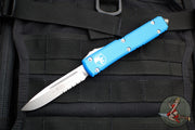 Microtech Ultratech OTF Knife- Single Edge- Blue Handle- Stonewash Part Serrated Blade 121-11 BL