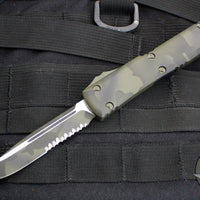 Microtech Ultratech OTF Knife- Single Edge- Olive Camo Handle- Olive Camo Finished Part Serrated Blade 121-2 OCS