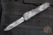 Microtech Ultratech OTF Knife- Single Edge- Urban Camo Handle- Urban Camo Finished Part Serrated Blade 121-2 UCS