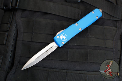Microtech Ultratech OTF Knife- Double Edge- Blue Handle- Stonewash Plain Edge blade 122-10 BL