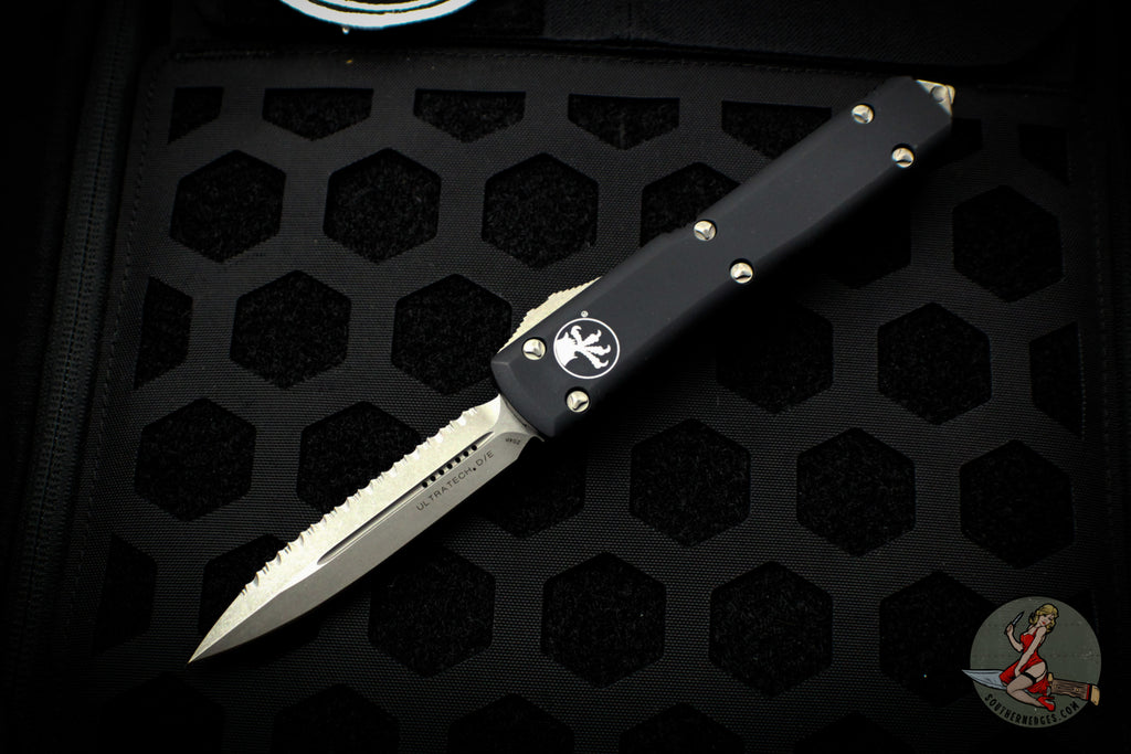 Microtech Ultratech OTF Knife- Double Edge- Black Handle- Apocalyptic Full Serrated Blade 122-12 AP