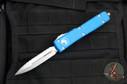 Microtech Ultratech OTF Knife- Double Edge- Blue Handle- Full Serrated Stonewash Blade 122-12 BL