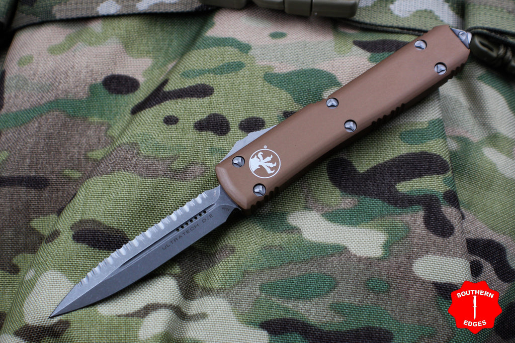 Microtech Ultratech Tan Double Edge OTF Knife Apocalyptic Full Serrated Blade 122-12 APTA