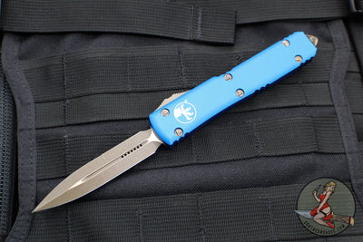 Microtech Ultratech OTF Knife- Double Edge- Blue Handle- Bronzed Apocalyptic Blade and Hardware 122-13 APBL