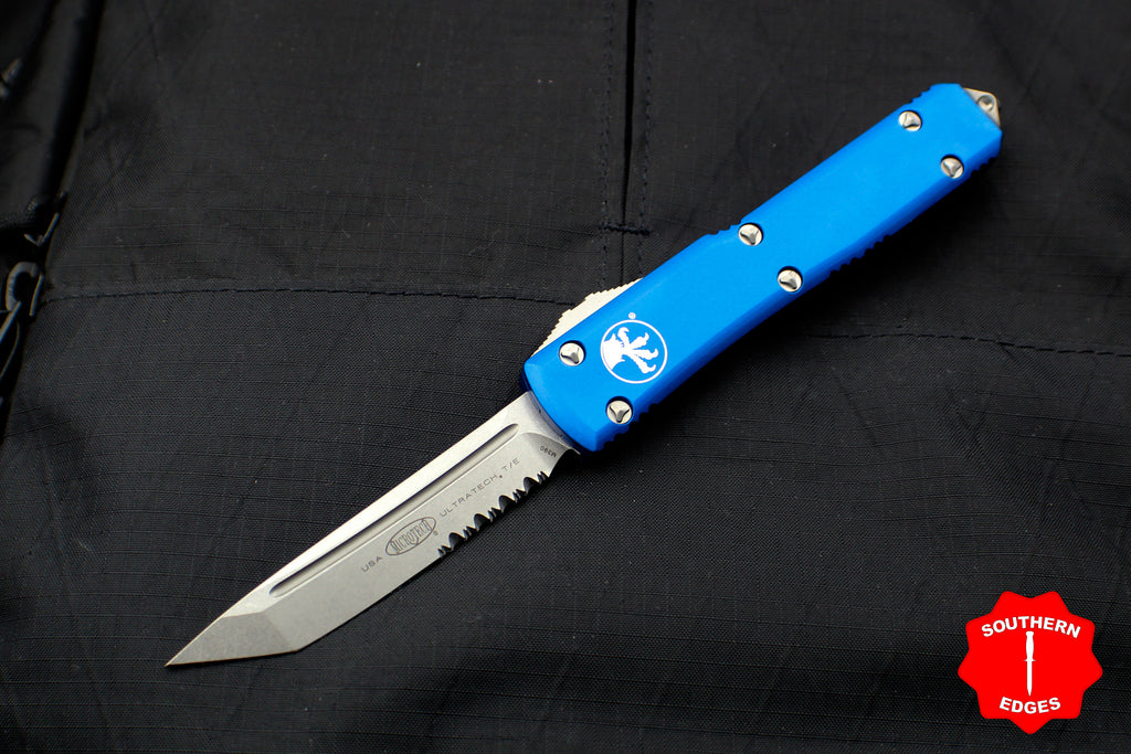 Microtech Ultratech OTF Knife- Tanto Edge- Blue Handle- Stonewash Part Serrated Blade 123-11 BL