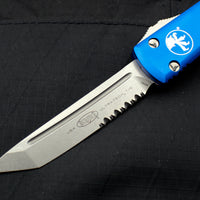 Microtech Ultratech OTF Knife- Tanto Edge- Blue Handle- Stonewash Part Serrated Blade 123-11 BL