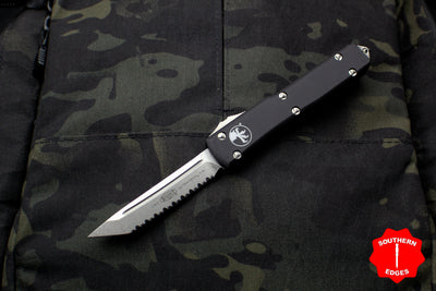 Microtech Ultratech OTF Knife- Tanto Edge- Black Handle- Stonewash Full Serrated Blade 123-12
