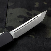 Microtech Ultratech OTF Knife- Tanto Edge- Black Handle- Stonewash Full Serrated Blade 123-12