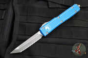 Microtech Ultratech OTF Knife- Tanto Edge- Distressed Blue Handle- Stonewash Full Serrated Blade 123-12 DBL