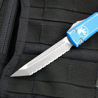 Microtech Ultratech OTF Knife- Tanto Edge- Distressed Blue Handle- Stonewash Full Serrated Blade 123-12 DBL