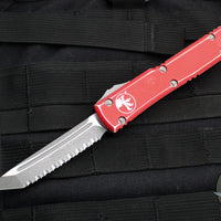 Microtech Ultratech OTF Knife- Tanto Edge- Distressed Red Handle- Stonewash Full Serrated Blade 123-12 DRD