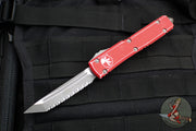 Microtech Ultratech OTF Knife- Tanto Edge- Distressed Red Handle- Stonewash Full Serrated Blade 123-12 DRD