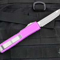 Microtech Ultratech OTF Knife- Tanto Edge- Distressed Violet Handle- Stonewash Full Serrated Blade 123-12 DVI
