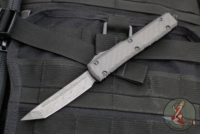 Microtech Ultratech OTF Knife- Tanto Edge- Carbon Fiber Top- Damascus Blade and Ringed Hardware 123-16 CFS SN087