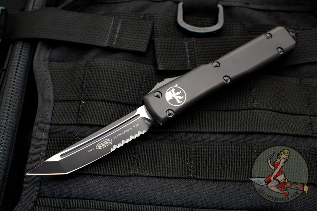 Microtech Ultratech OTF Knife- Tactical- Black Handle- Black Part Serr | Southern Edges