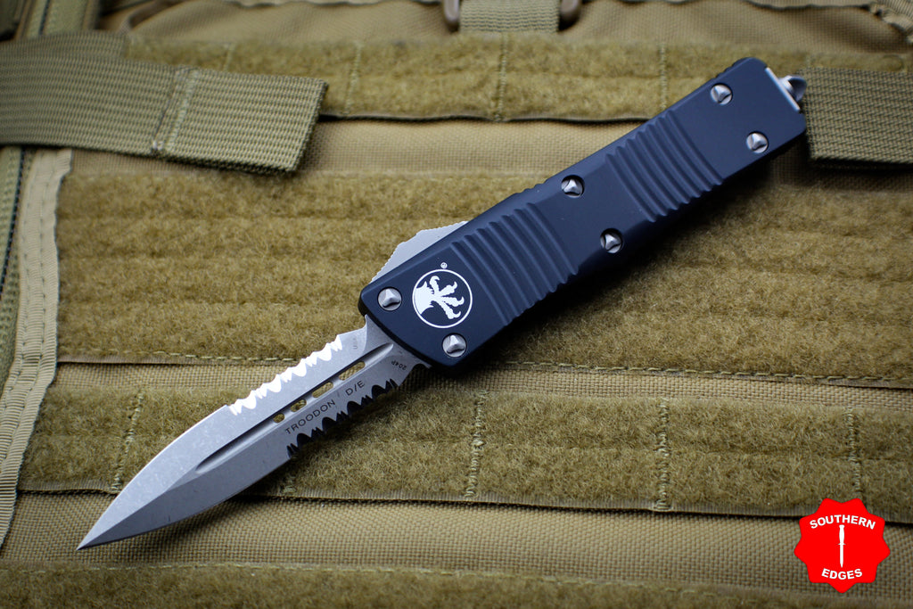 Microtech Troodon Double Edge OTF knife Black with Apocalyptic Part Serrated Blade 138-11 AP