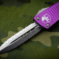 Microtech Violet Troodon Double Edge OTF knife with Stonewash Full Serrated Blade 138-12 VI